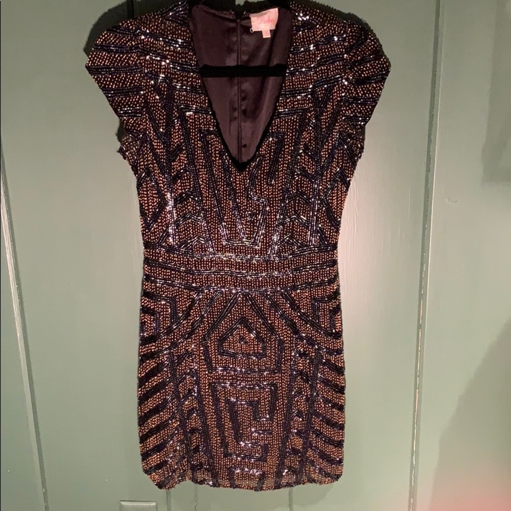 Black and Gold Beaded Parker Dress